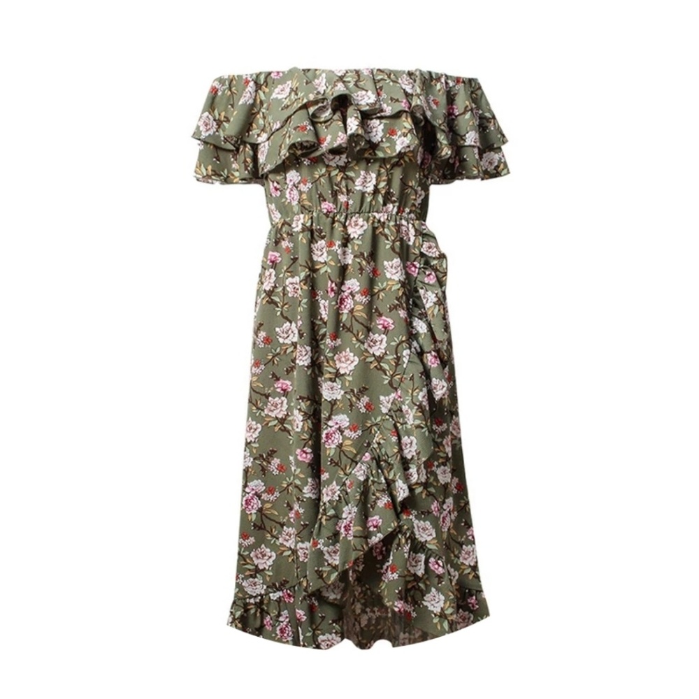 Olive Green Floral Print Midi Dress
